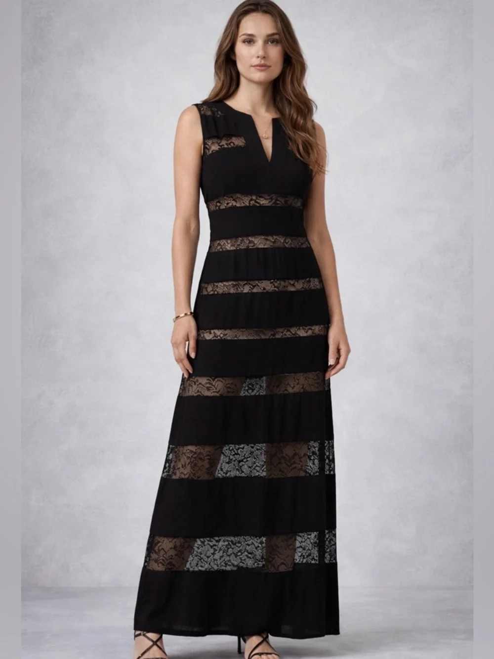 BCBG Angie Black Lace Panel Maxi Dress Size M - Picture 1 of 11
